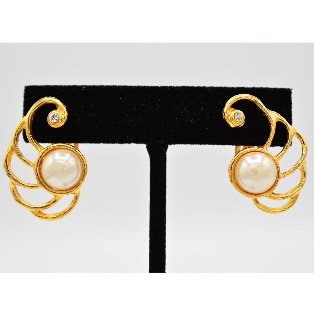 Vintage Clip On Earrings Pearl Rhinestone Crystal Gold Tone Floral 1980s BinAA